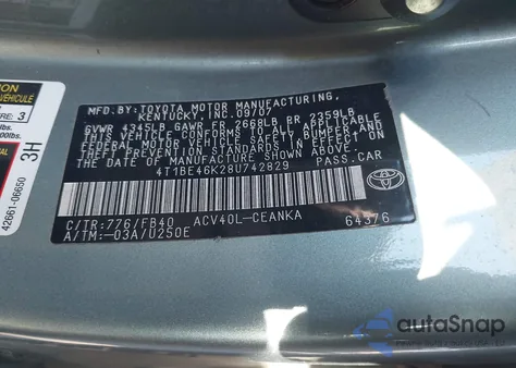 2008 Toyota Camry Le z USA, uszkodzony, nr VIN 4T1BE46K28U742829